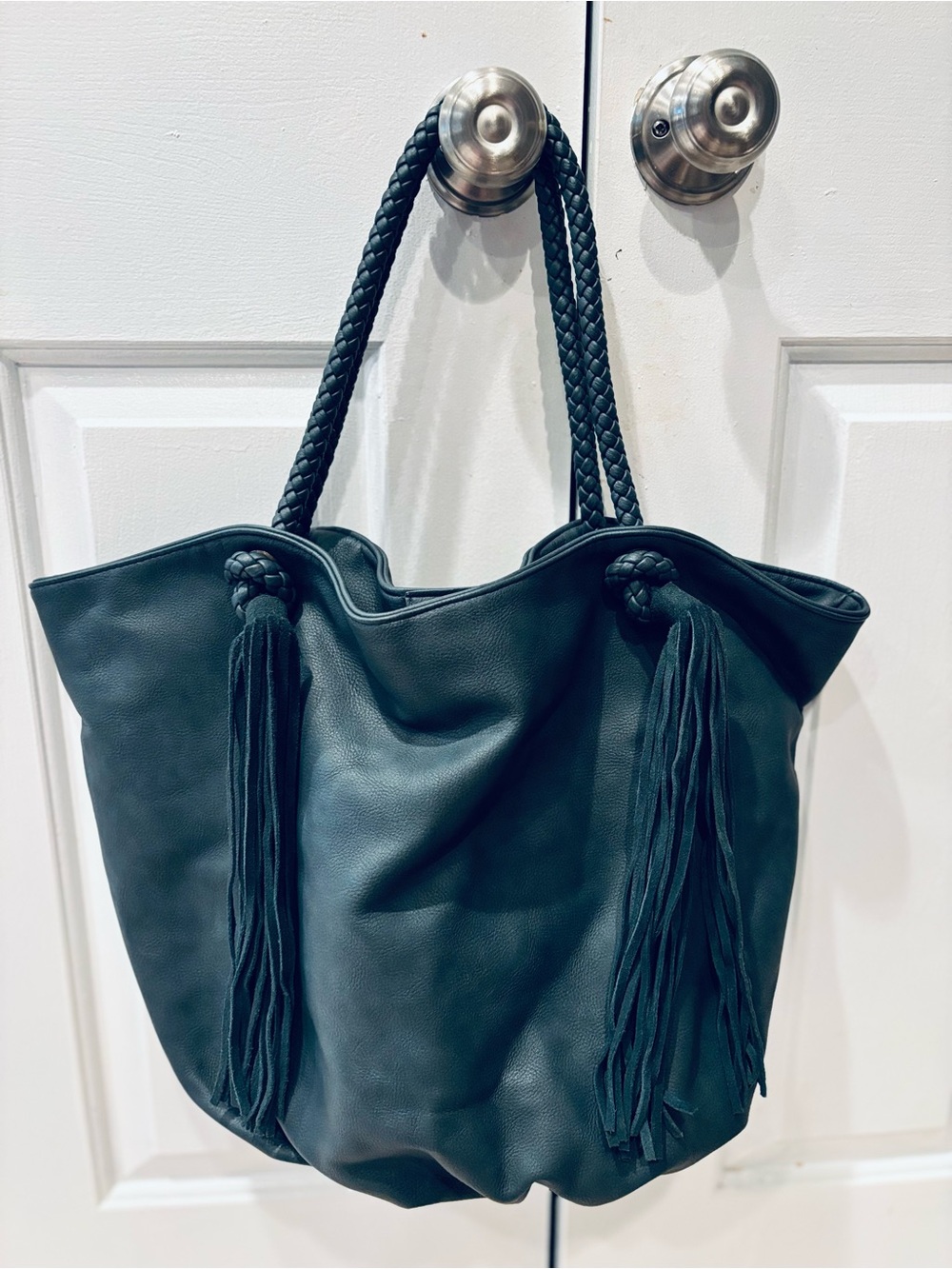 Anthropologie Spacious Tote Bag with Braided Handle & Leather-Trim - Dark Blue